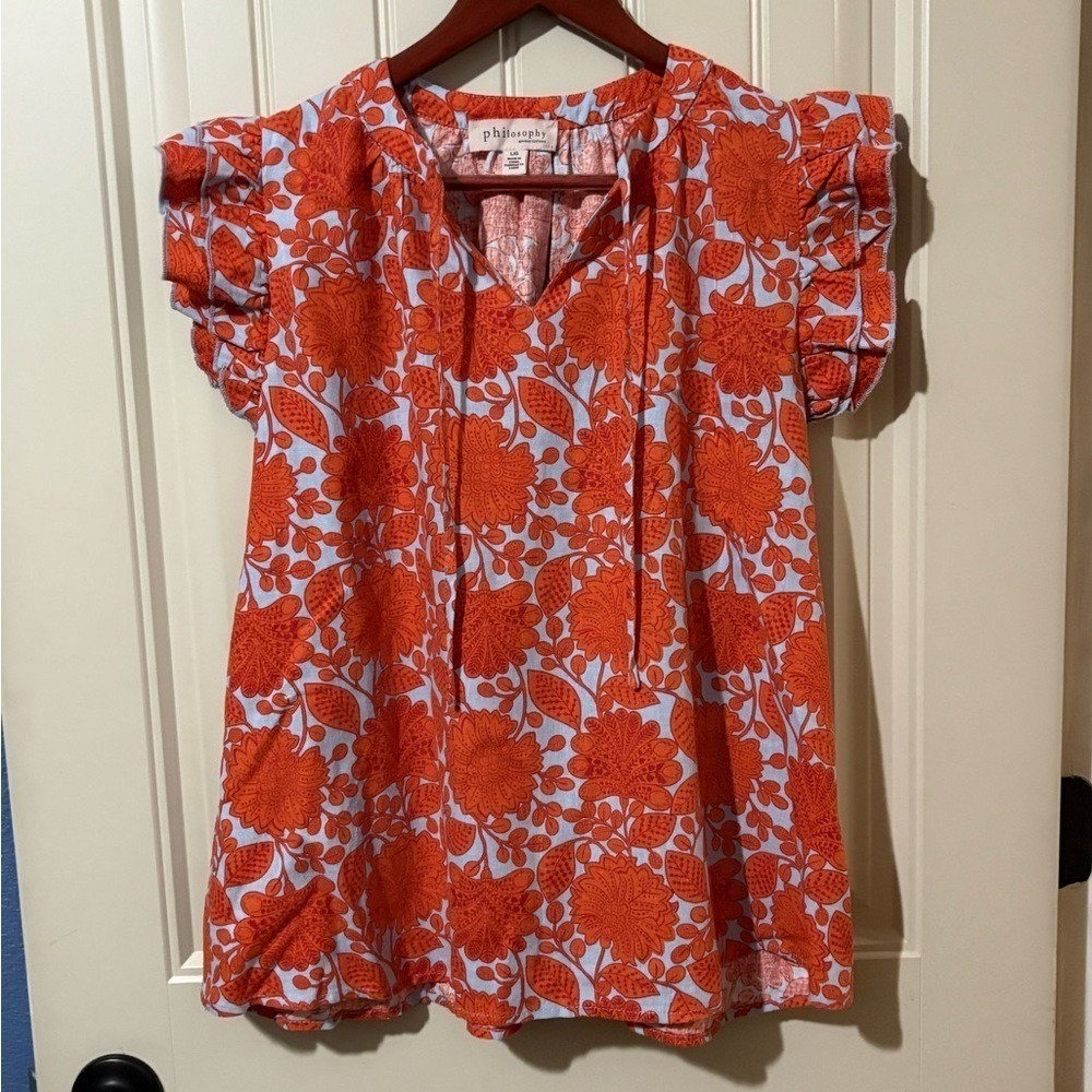Philosophy Orange/Blue Floral Flutter Sleeve Printed Top Shirt NWT - Picture 5 of 11